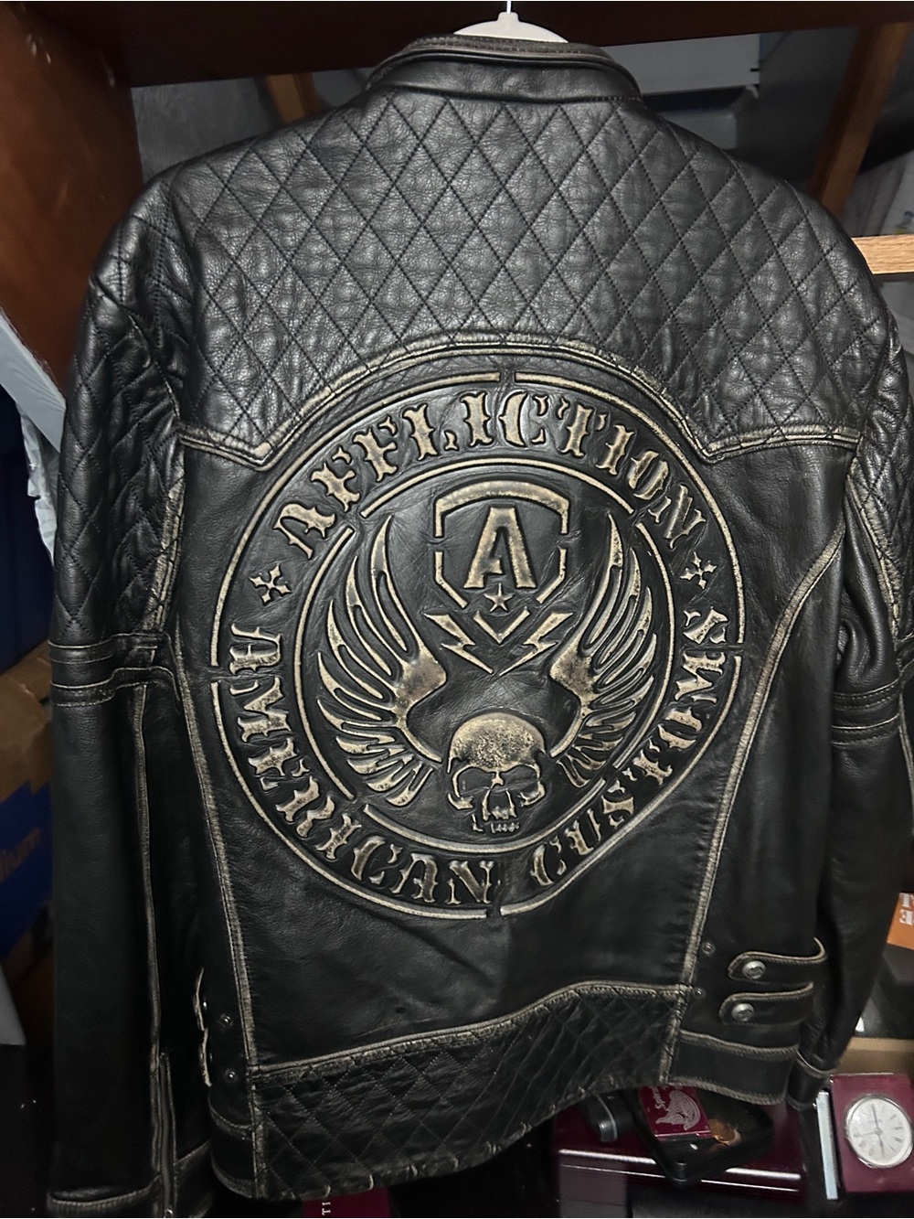 Affliction Black Leather Bomber Jacket with Distressed Gold Embossed Back Logo